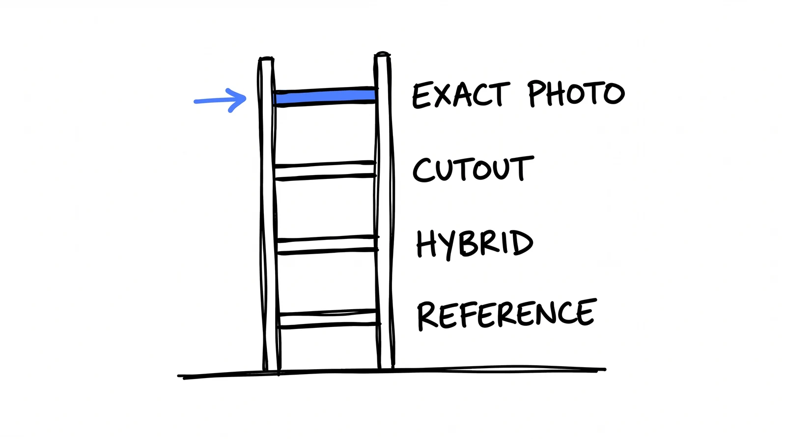 A hand-drawn ladder with four rungs labelled EXACT PHOTO, CUTOUT, HYBRID and REFERENCE. The top rung is highlighted blue.