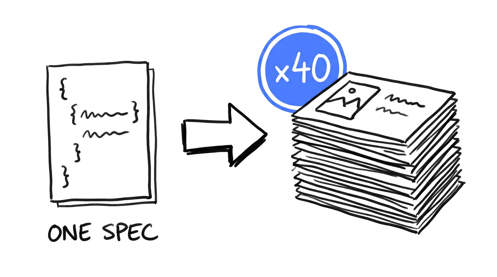 A small JSON document with an arrow pointing to a stack of ad cards marked with a blue x40 badge.