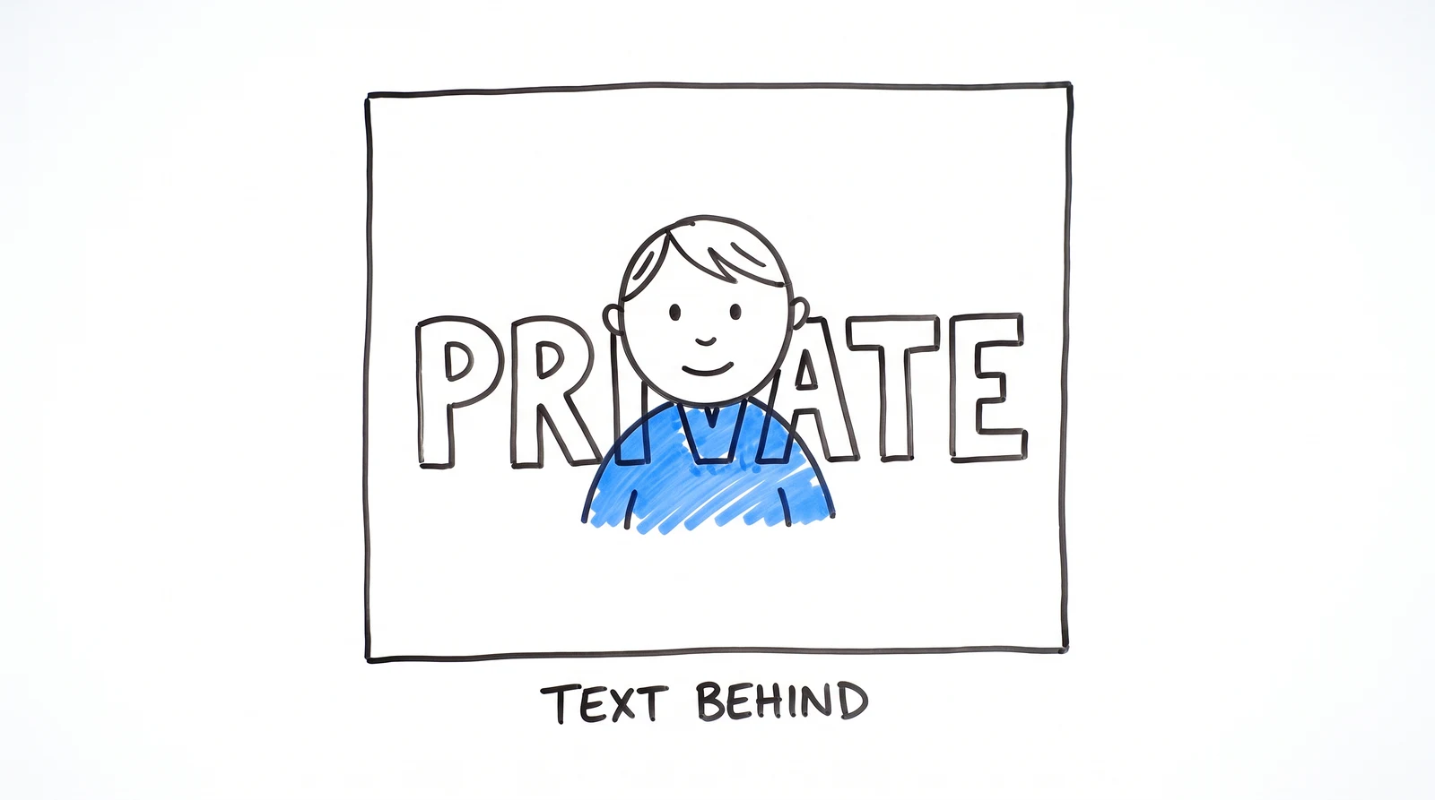 A square ad frame with the word PRIVATE in outlined capitals running behind a person's head and shoulders.