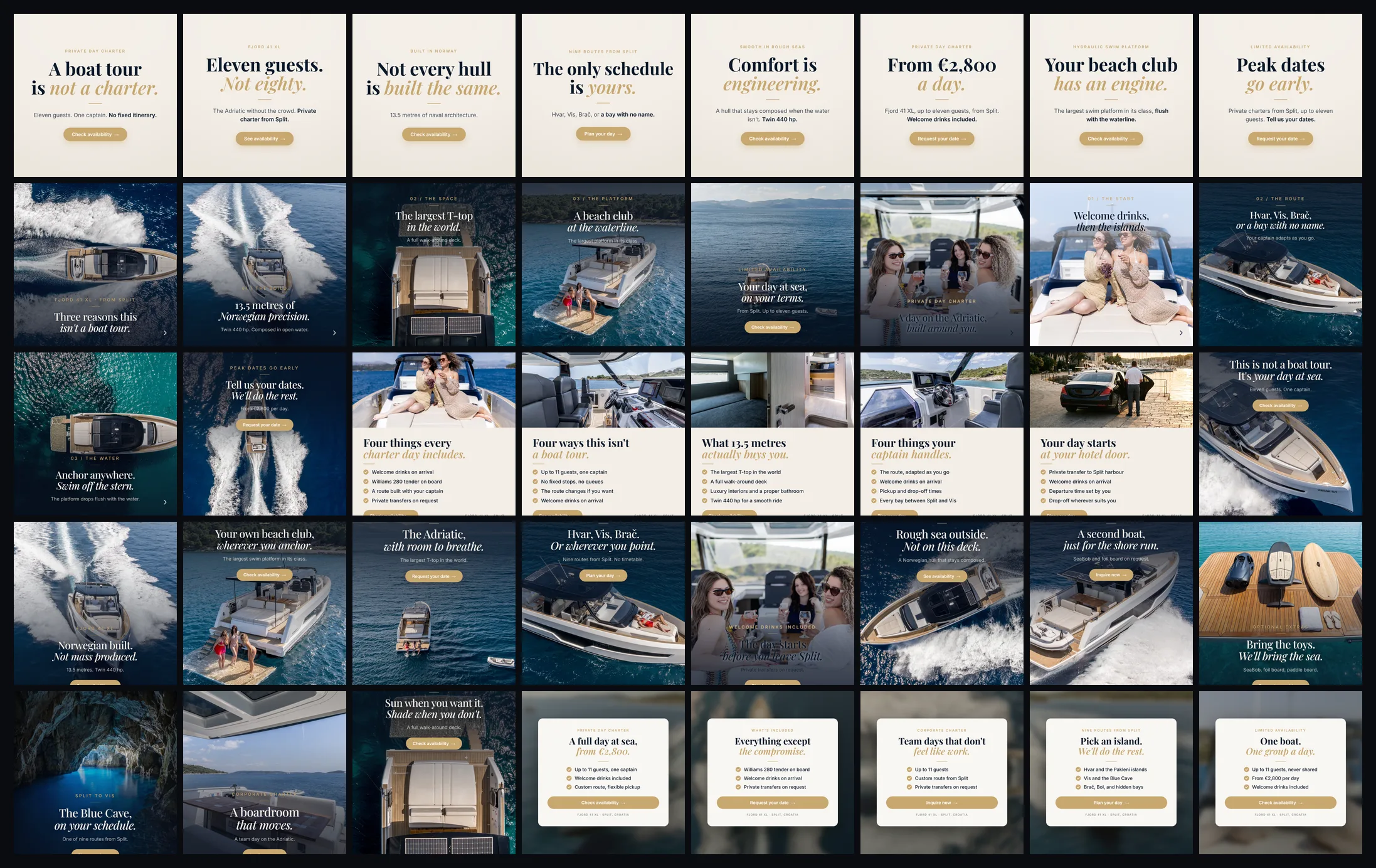 A grid of all 40 finished Facebook ads: editorial photo heroes, typographic billboards, offer cards, checklist ads and square carousel cards.