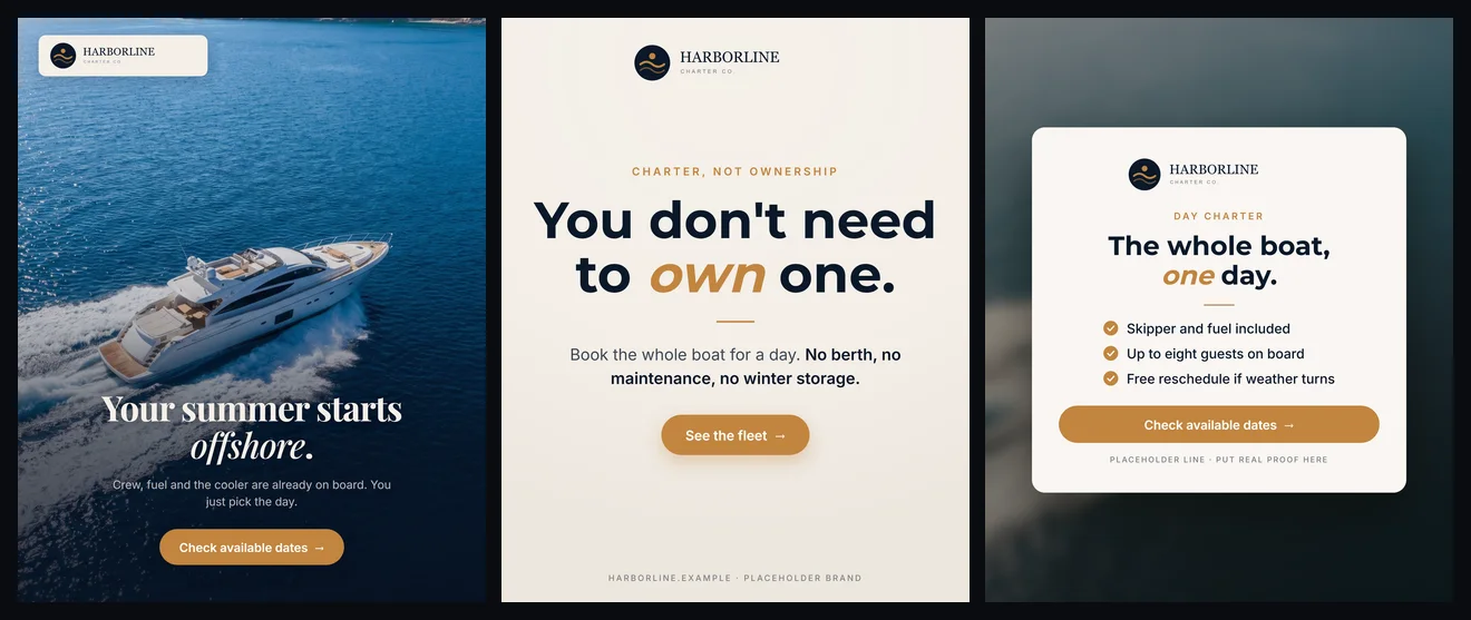 Three finished ads rendered by the downloadable starter kit for a placeholder brand: an editorial hero, a billboard statement and an offer card.