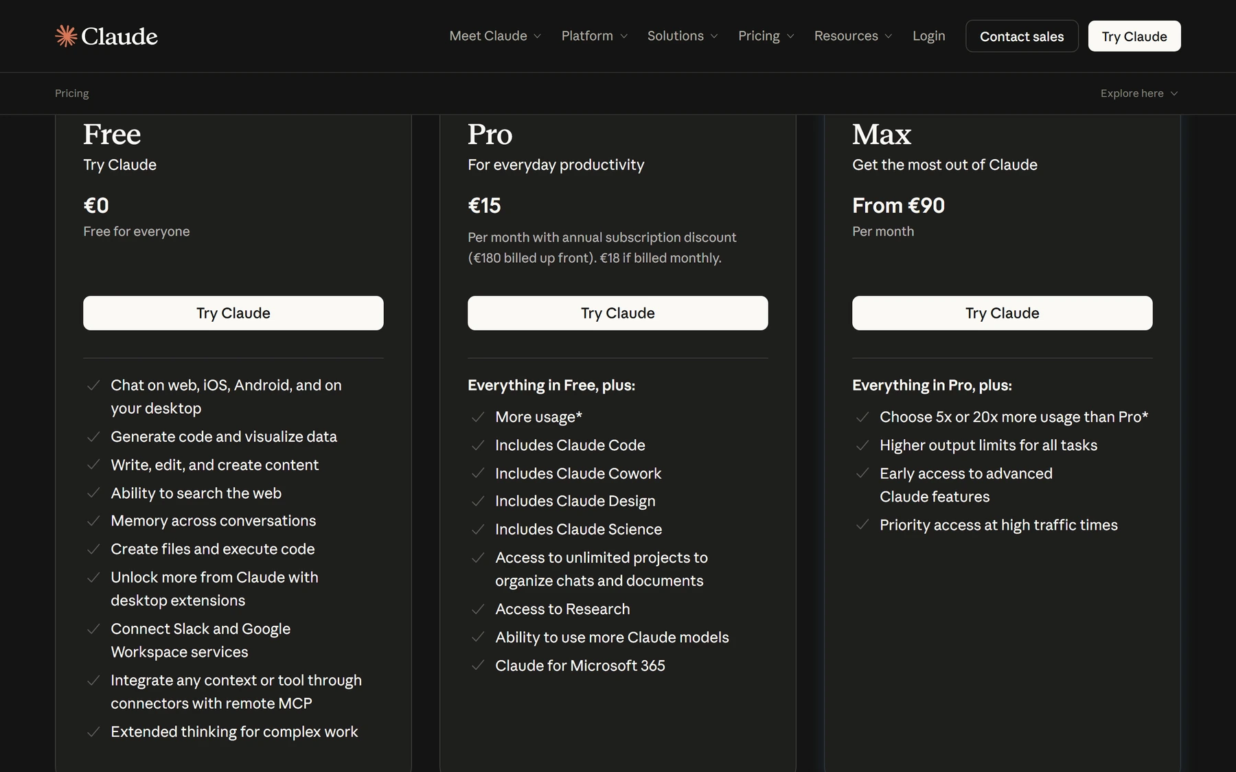 The Claude pricing page showing Free, Pro and Max plans side by side. The Pro plan's feature list includes the line 'Includes Claude Code'; the Free plan's list does not.