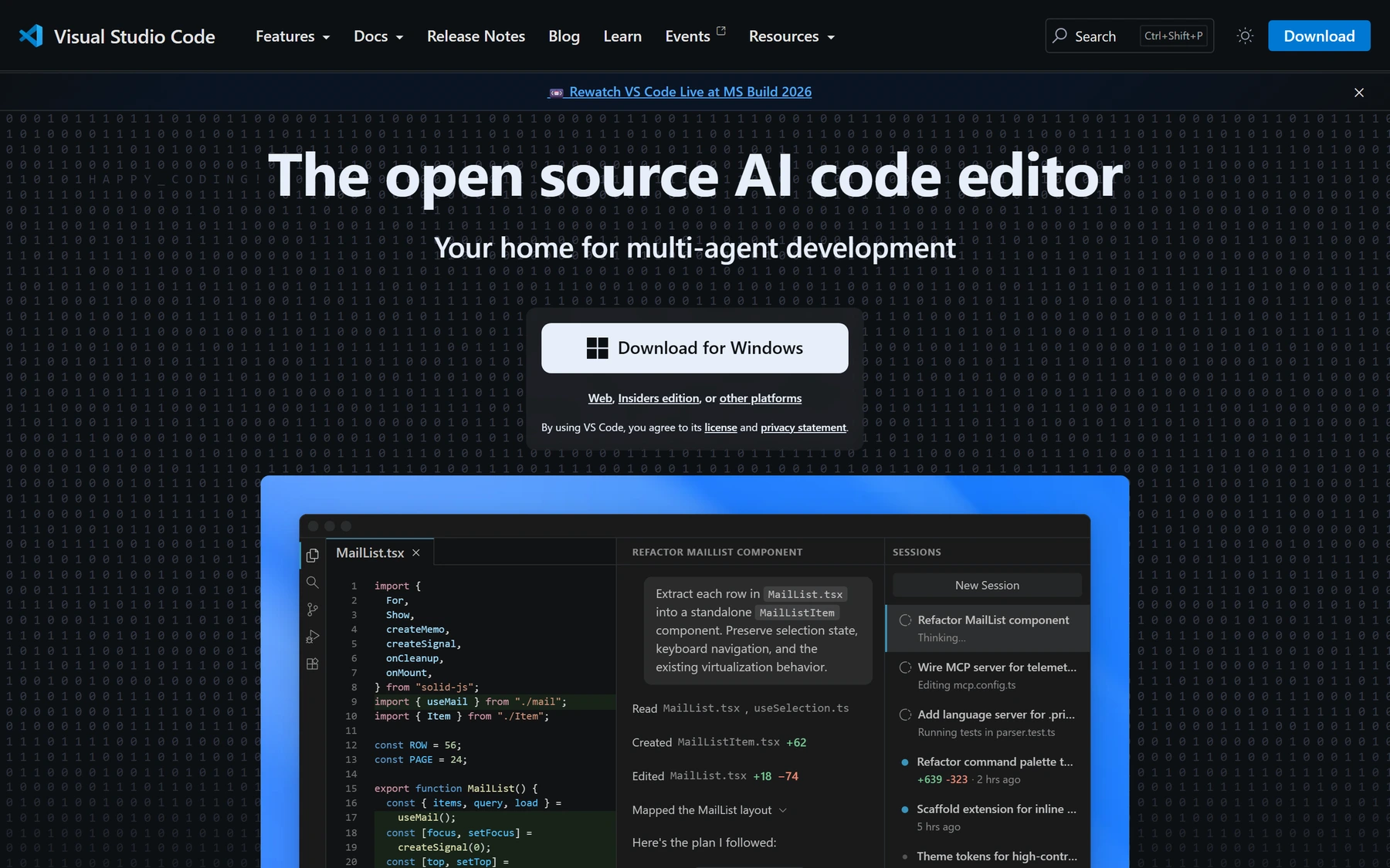 The Visual Studio Code homepage with a large 'Download for Windows' button in the centre.