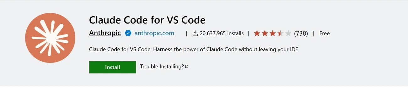 The Claude Code for VS Code extension page on the Visual Studio Marketplace, published by Anthropic with a verified badge, showing over 20 million installs and a green Install button.